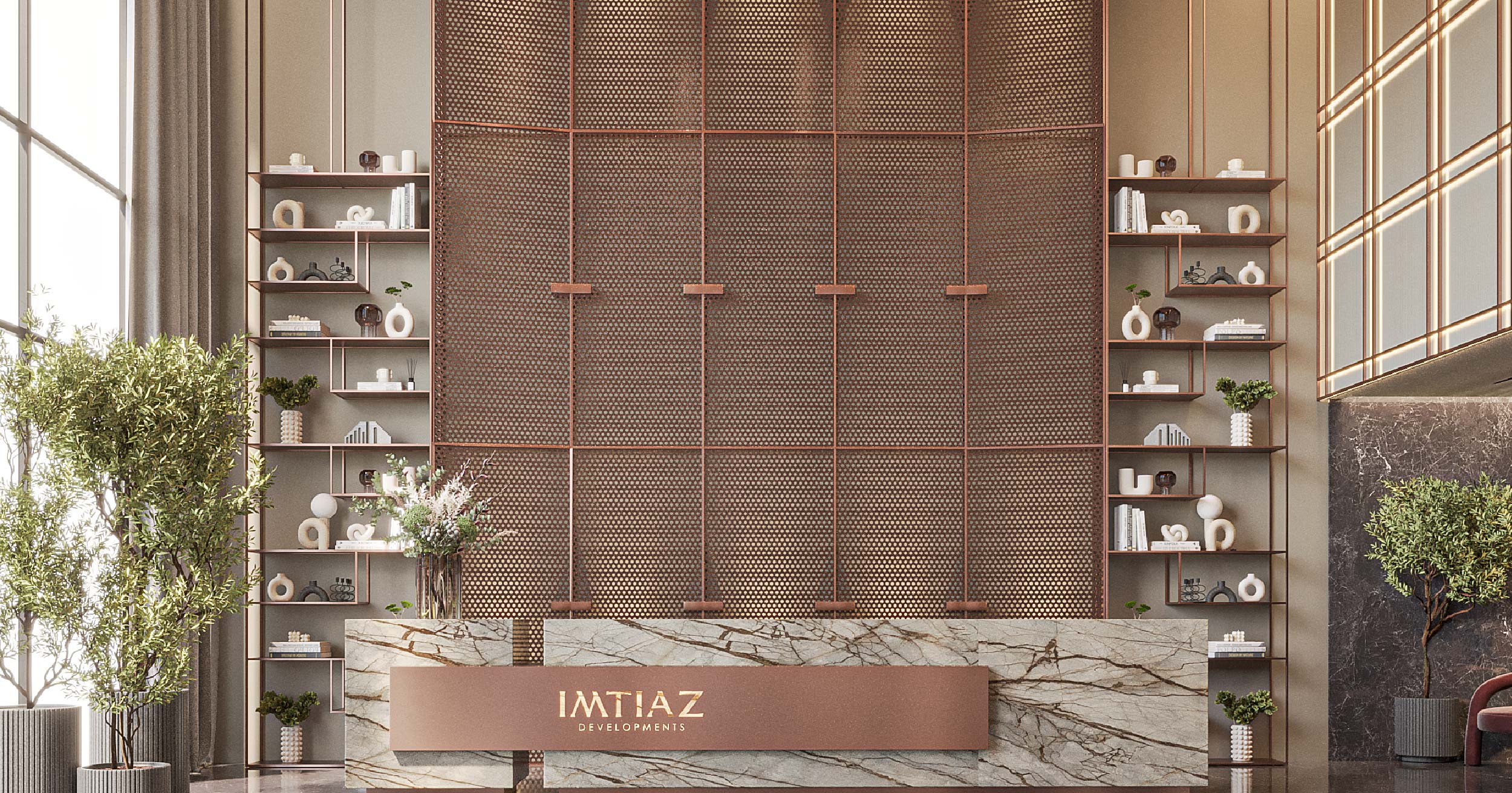 Luxor By Imtiaz A modern reception area featuring a marble desk, decorative shelves, potted plants, and stylish wall textures.